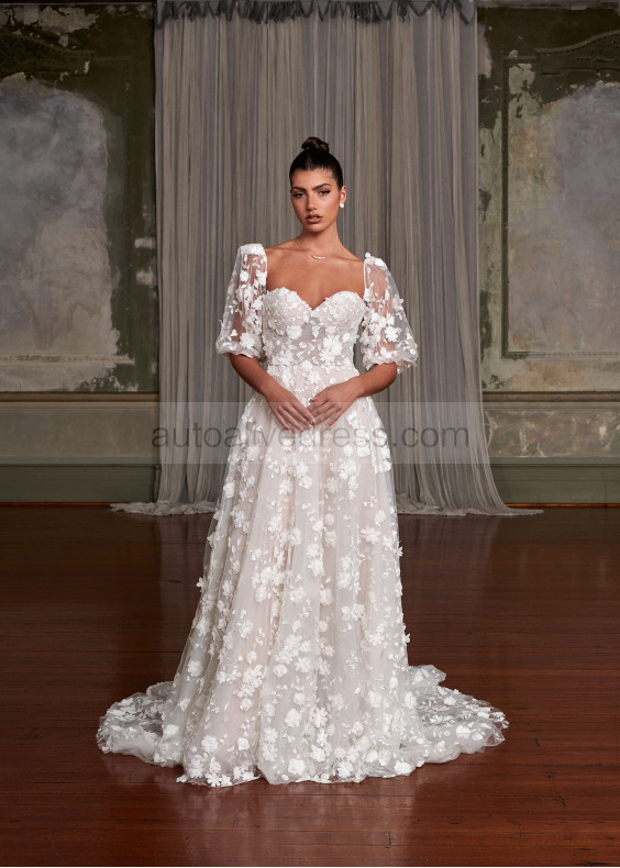 Ivory Embroidered Lace Tulle Fairytale Wedding Dress With Detachable Sleeves